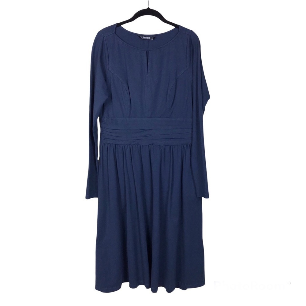 eShakti Navy Blue Keyhole Round Neck Long Sleeve Ruched Waist Midi Dress 
Size M